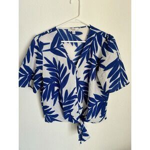 C By One Top Blouse L Blue White Top Leaves Floral Tie Front Tropical